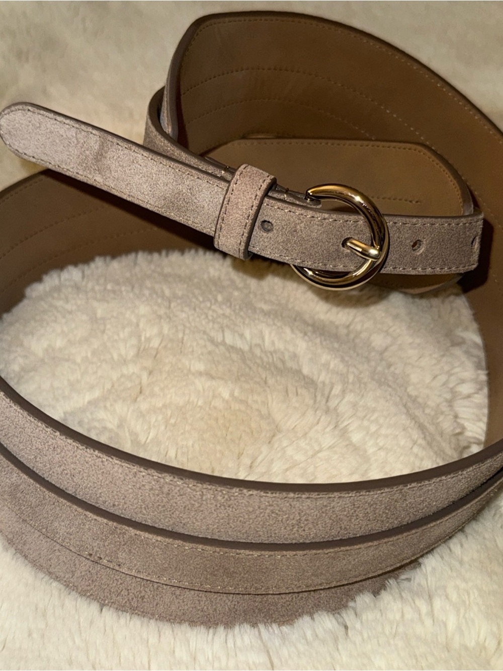White House Black Market Taupe Suede Belt with Gold Ring Buckle